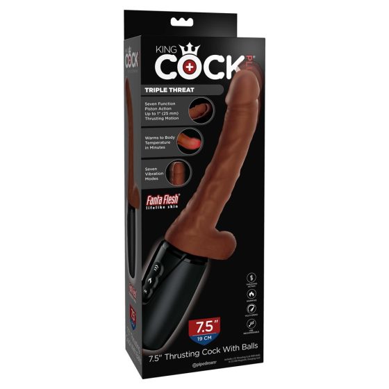 King Cock Plus Triple Threat kézi szexgép, vibrációval, melegítő funkcióval (barna bőrszín)