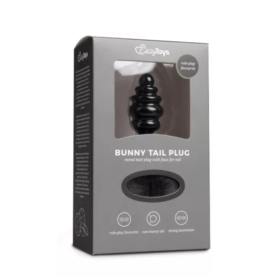 Easy Toys redőzött fém anál dildó, nyuszifarokkal (fekete/fekete)