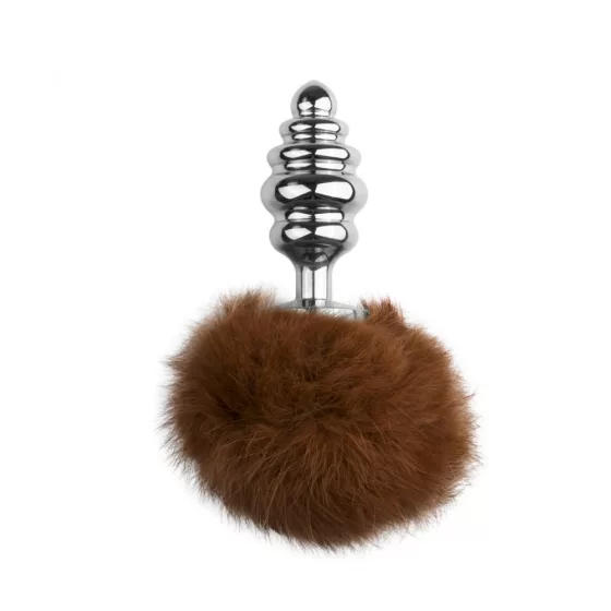 Easy Toys redőzött fém anál dildó, nyuszibojttal (barna/ezüst)