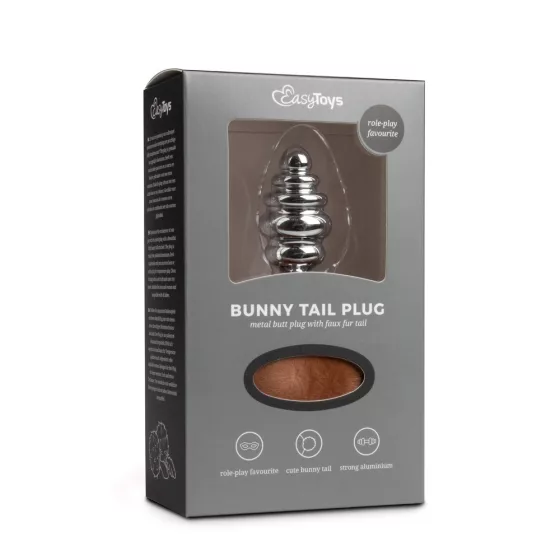 Easy Toys redőzött fém anál dildó, nyuszibojttal (barna/ezüst)